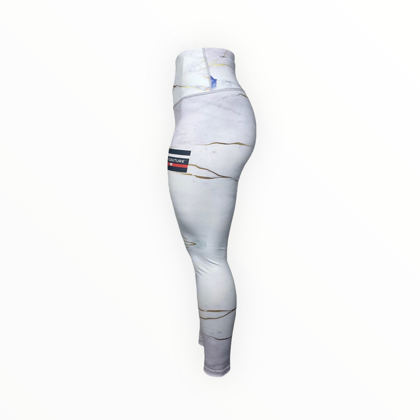 BJJ Couture Women's Compression Grappling Spats - White Carrara Marble with Gold Veining and Indigo Ink Spills