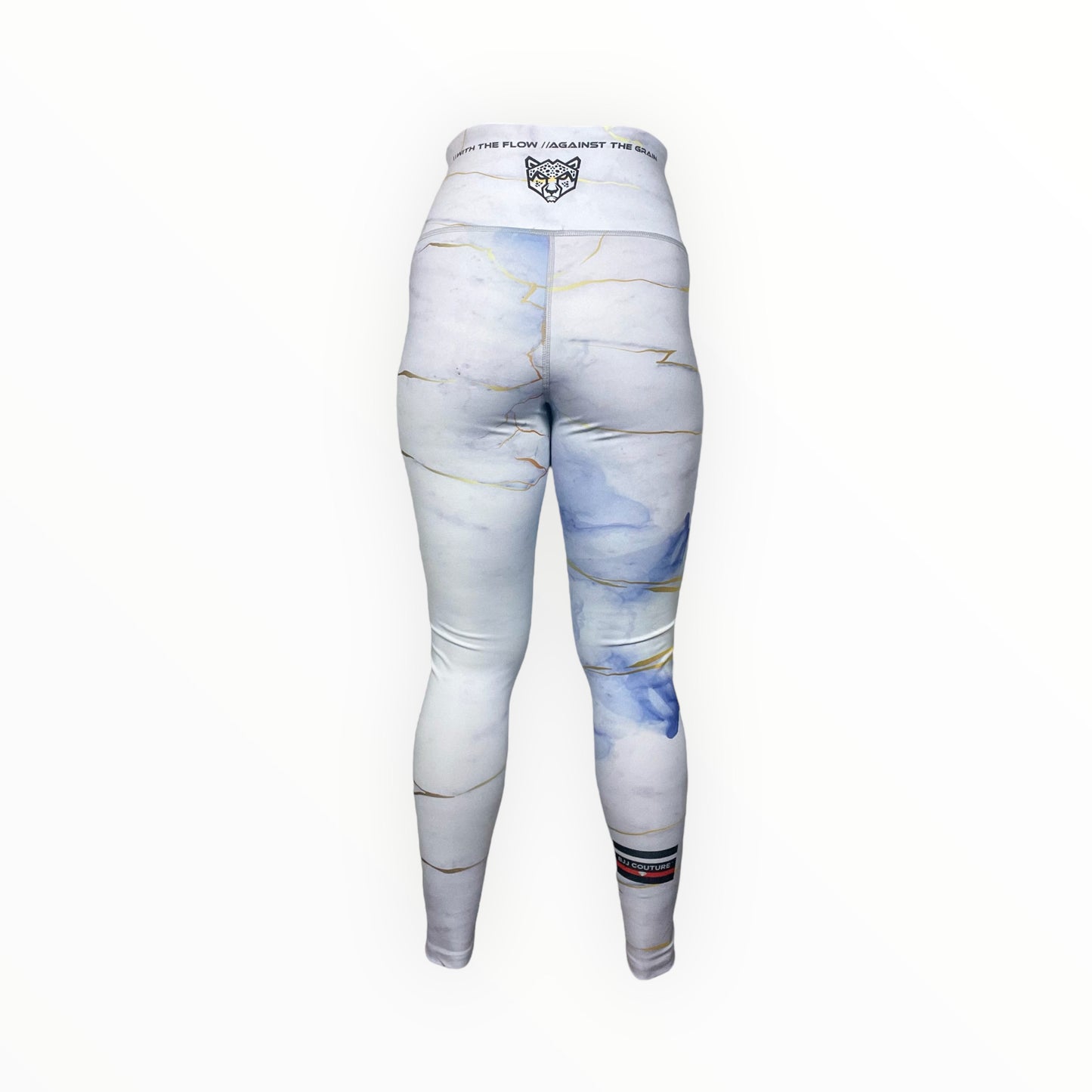 BJJ Couture Women's Compression Grappling Spats - White Carrara Marble with Gold Veining and Indigo Ink Spills