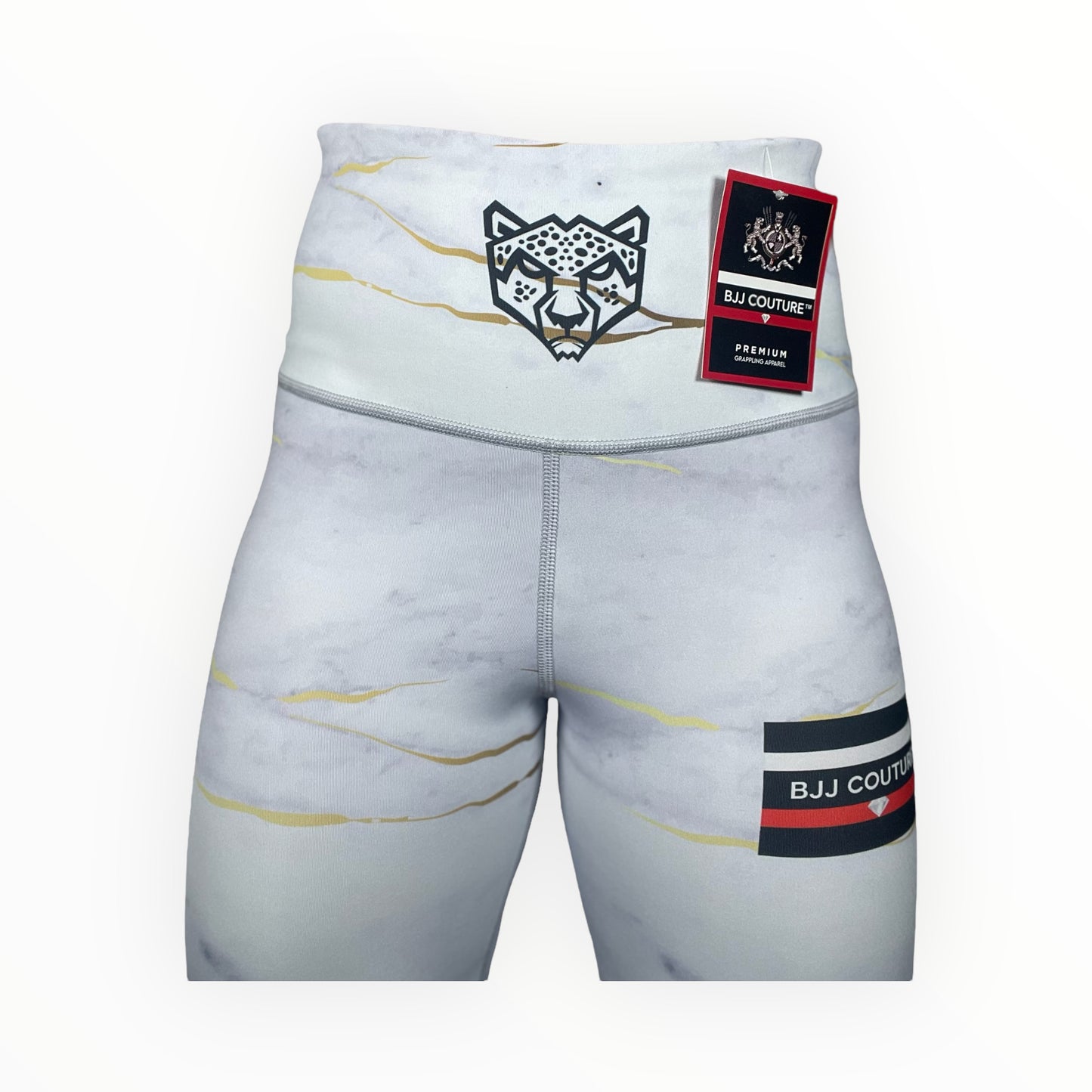 BJJ Couture Women's Compression Grappling Spats - White Carrara Marble with Gold Veining and Indigo Ink Spills