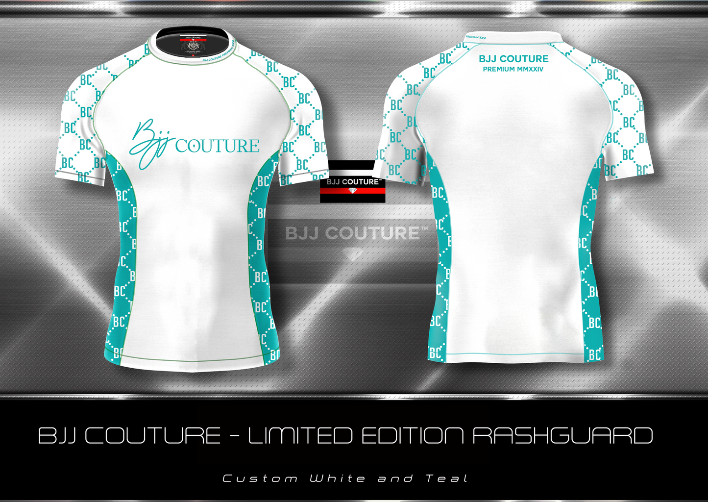 BJJ Couture White and Teal Rashguard with Contrast Details