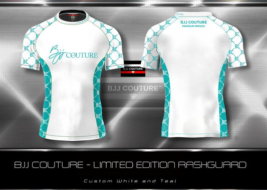 BJJ Couture White and Teal Rashguard with Contrast Details