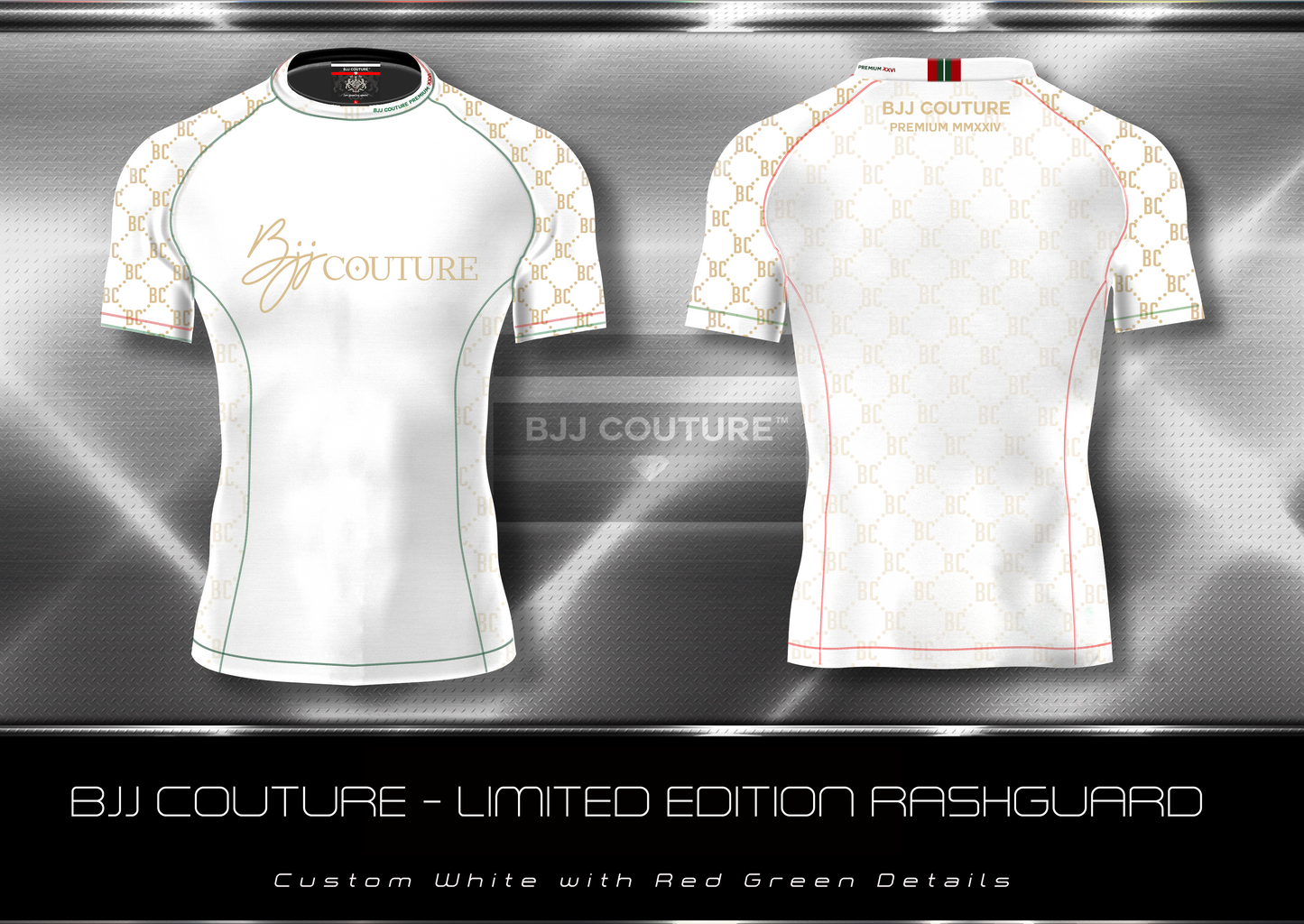BJJ Couture White and Gold Rashguard with Contrast Details