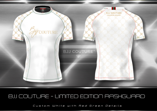 BJJ Couture White and Gold Rashguard with Contrast Details