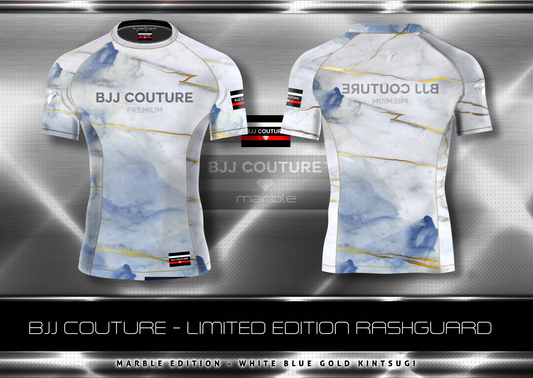 BJJ Couture White Blue Gold Veining Marble Rashguard
