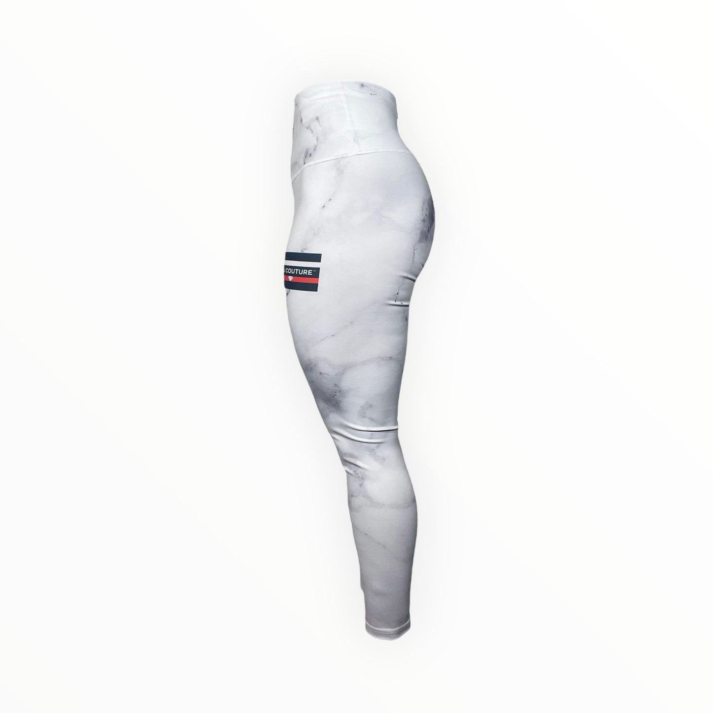 BJJ Couture Women's Compression Grappling Spats - White Carrara Marble with Gold Veining and Indigo Ink Spills