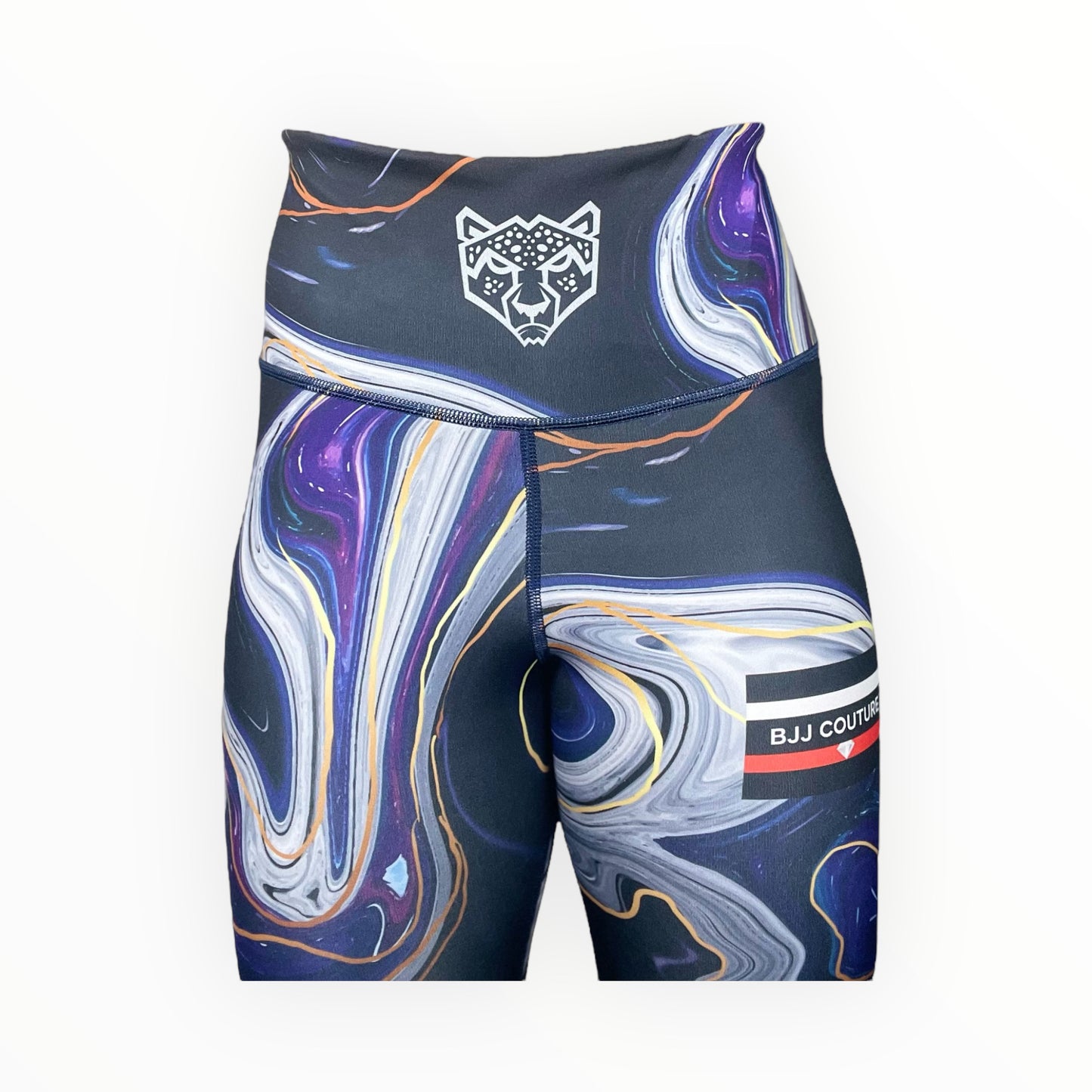 BJJ Couture Women's Compression Grappling Spats - Dark Blue and Purple Marble Indigo Inkscape with Gold Veining
