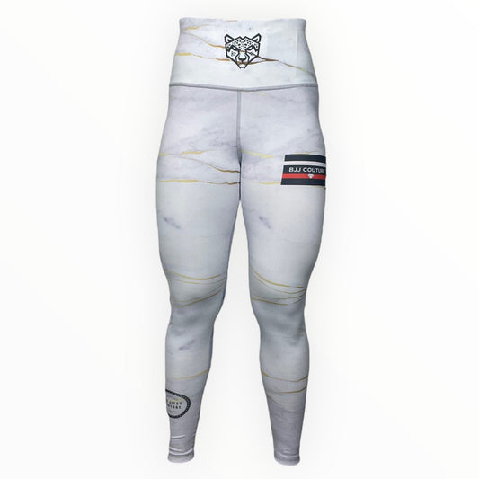 BJJ Couture Women's Compression Grappling Spats - White Carrara Marble with Gold Veining and Indigo Ink Spills