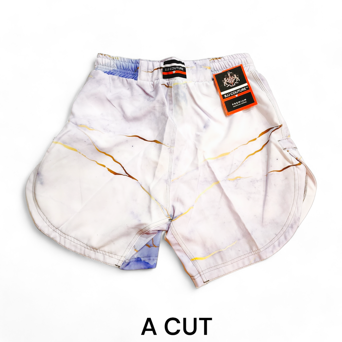 BJJ Couture White Marble Grappling Shorts with Blue and Gold veining