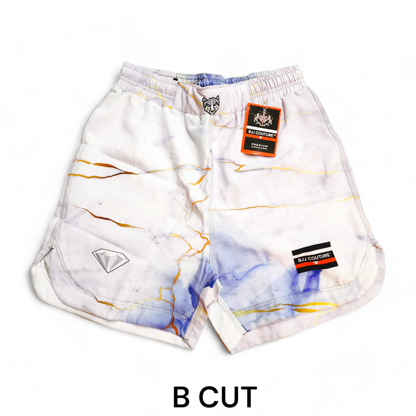 BJJ Couture White Marble Grappling Shorts with Blue and Gold veining