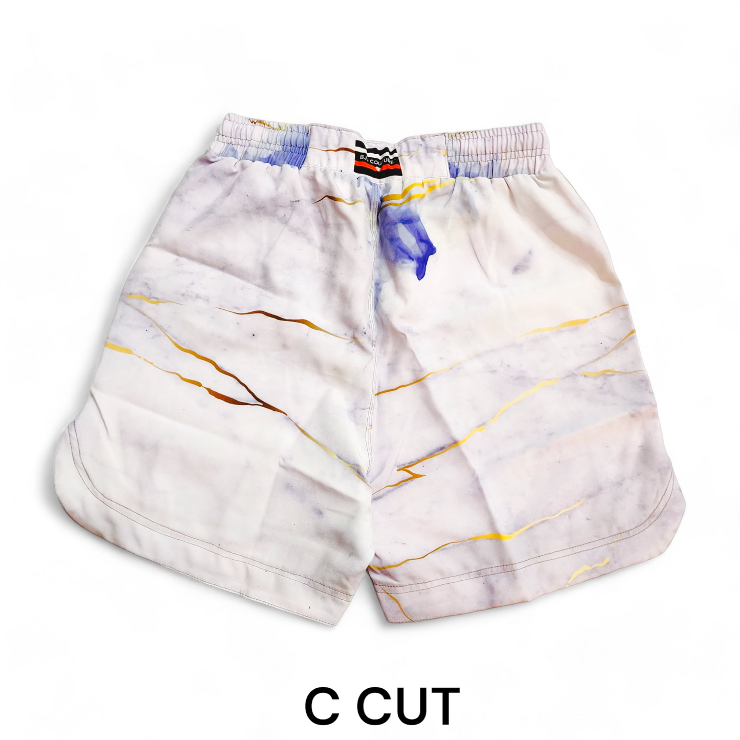 BJJ Couture White Marble Grappling Shorts with Blue and Gold veining