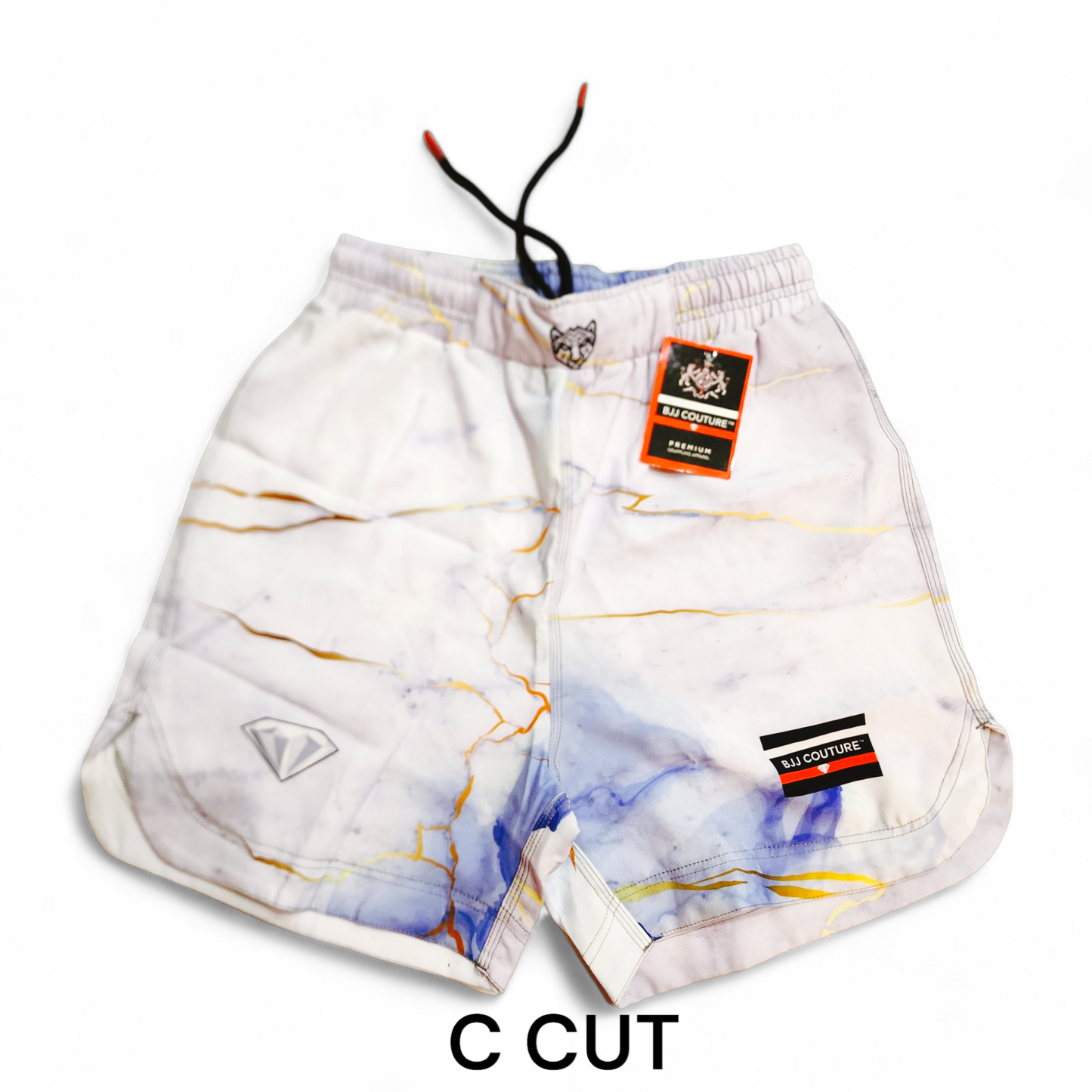 BJJ Couture White Marble Grappling Shorts with Blue and Gold veining