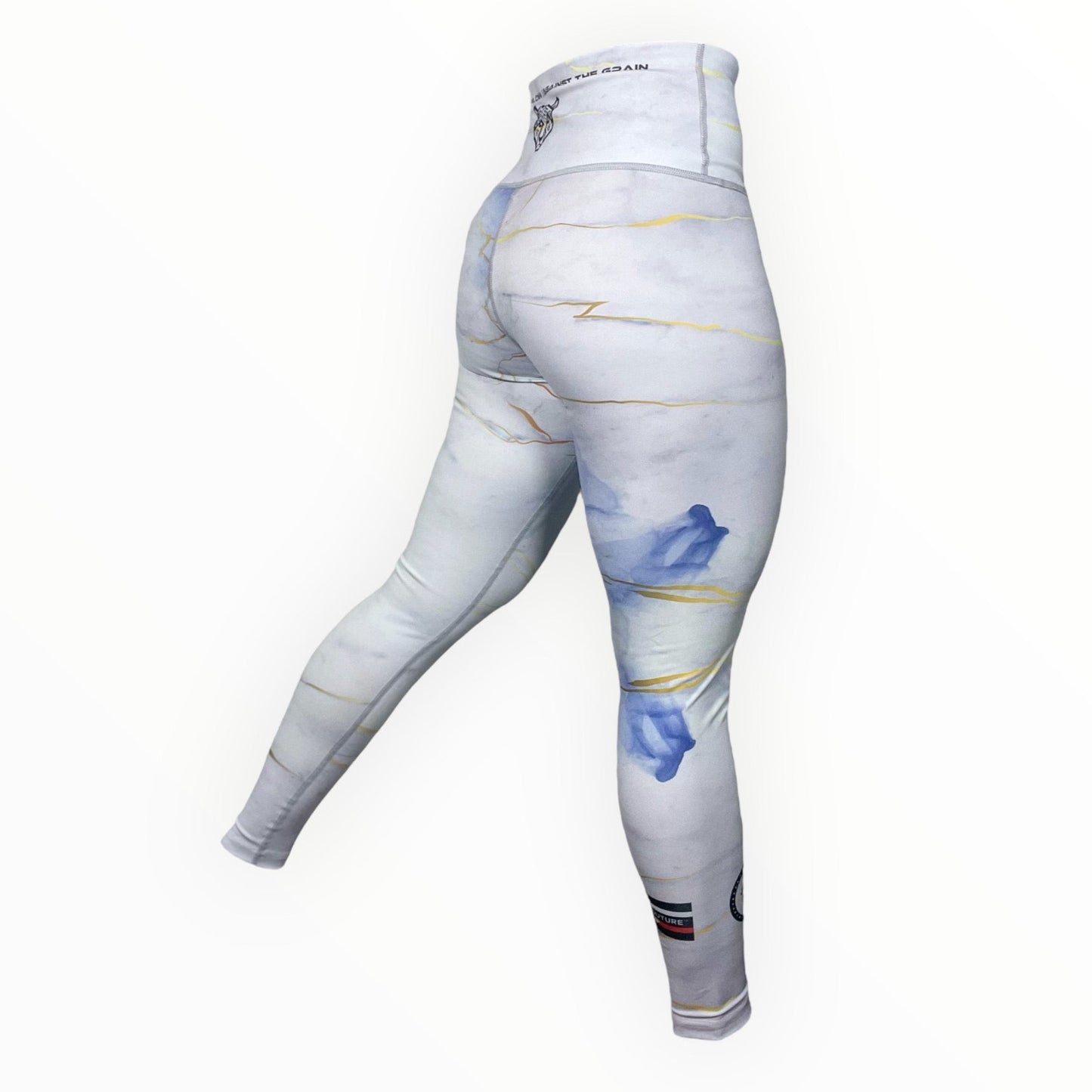 BJJ Couture Women's Compression Grappling Spats - White Carrara Marble with Gold Veining and Indigo Ink Spills