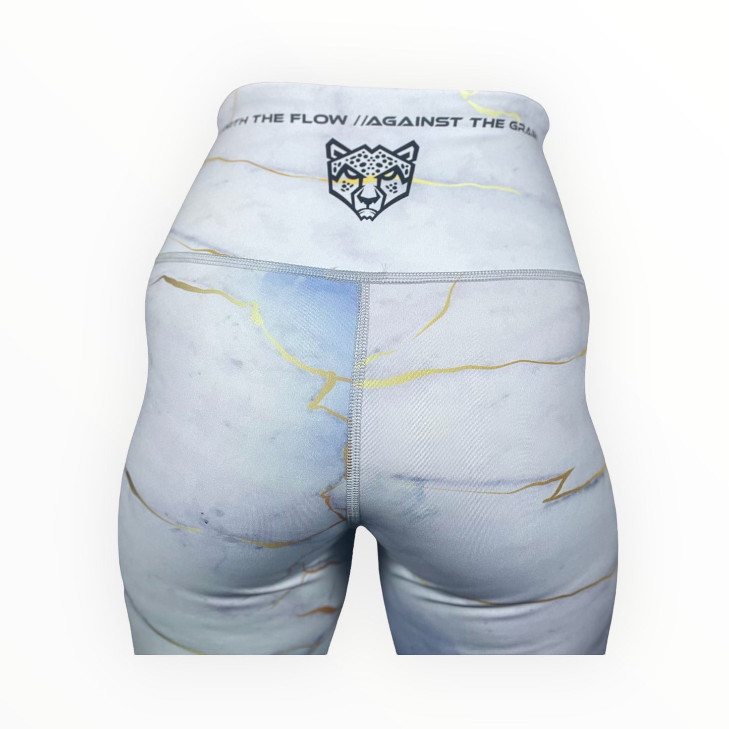 BJJ Couture Women's Compression Grappling Spats - White Carrara Marble with Gold Veining and Indigo Ink Spills