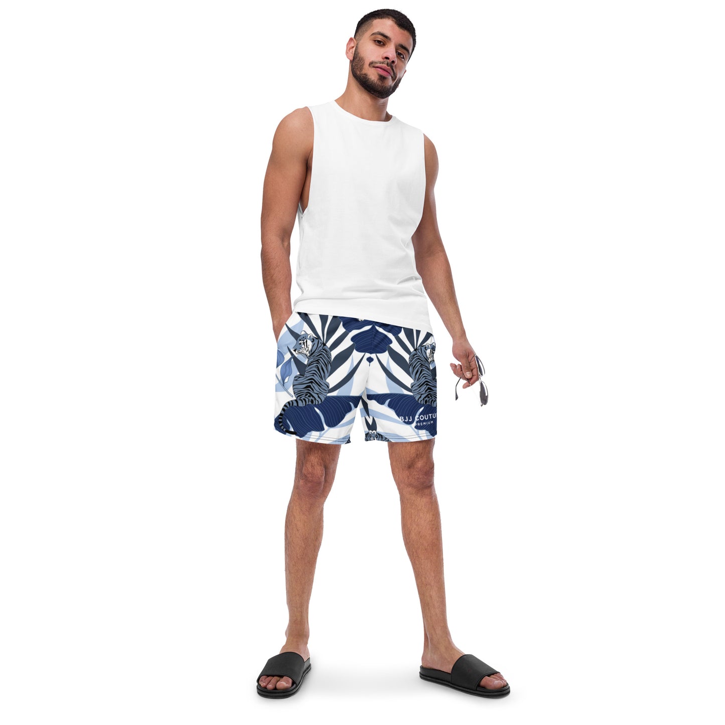 BJJ Couture Premium Aqua Tiger Jungle Print Men's swim trunks