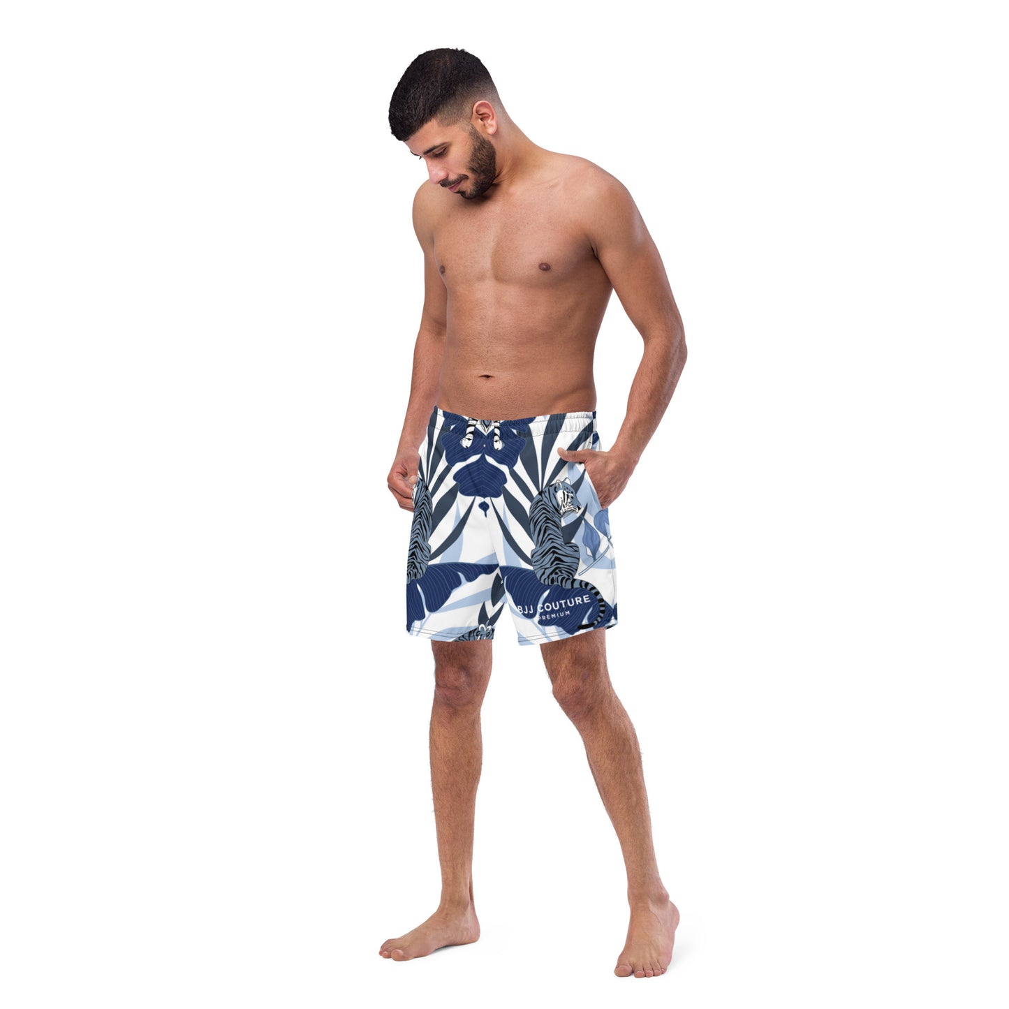BJJ Couture Premium Aqua Tiger Jungle Print Men's swim trunks