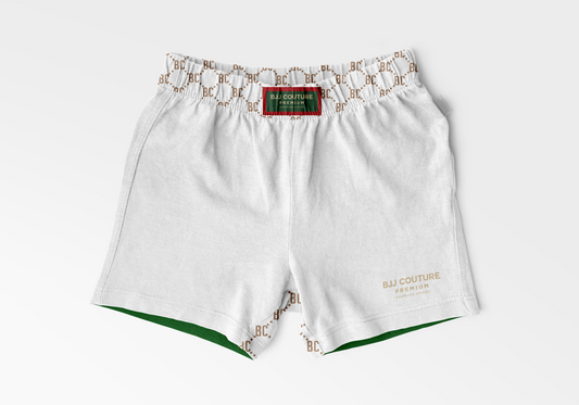 BJJ Couture White Grappling Shorts with Gold & Contrast Details