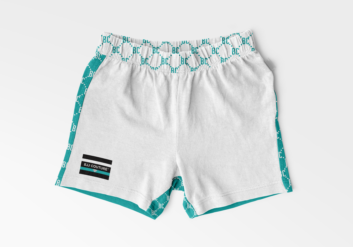 BJJ Couture White  and Teal Grappling Shorts with Contrast Details