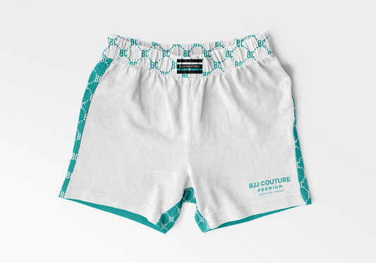BJJ Couture White  and Teal Grappling Shorts with Contrast Details