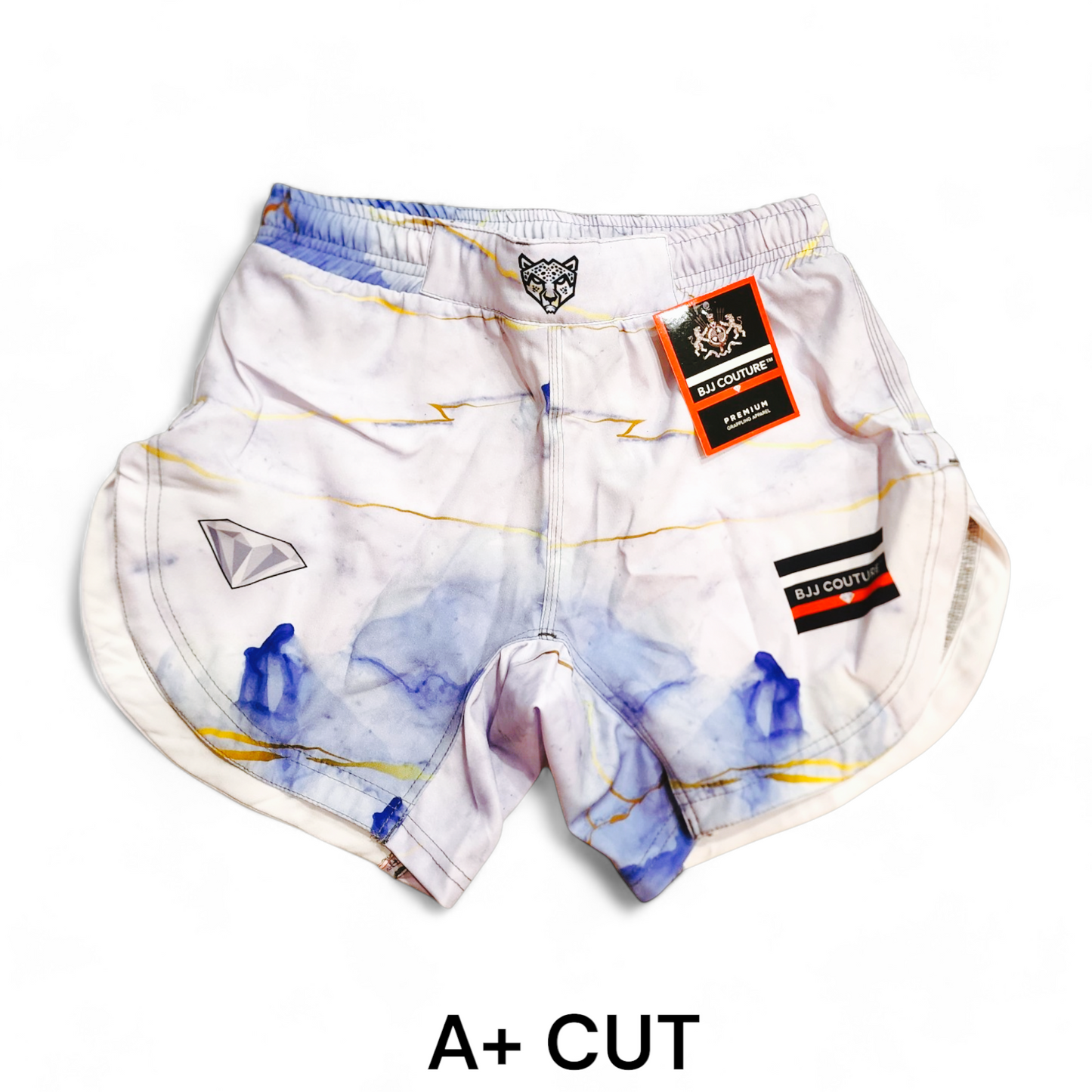 BJJ Couture White Marble Grappling Shorts with Blue and Gold veining