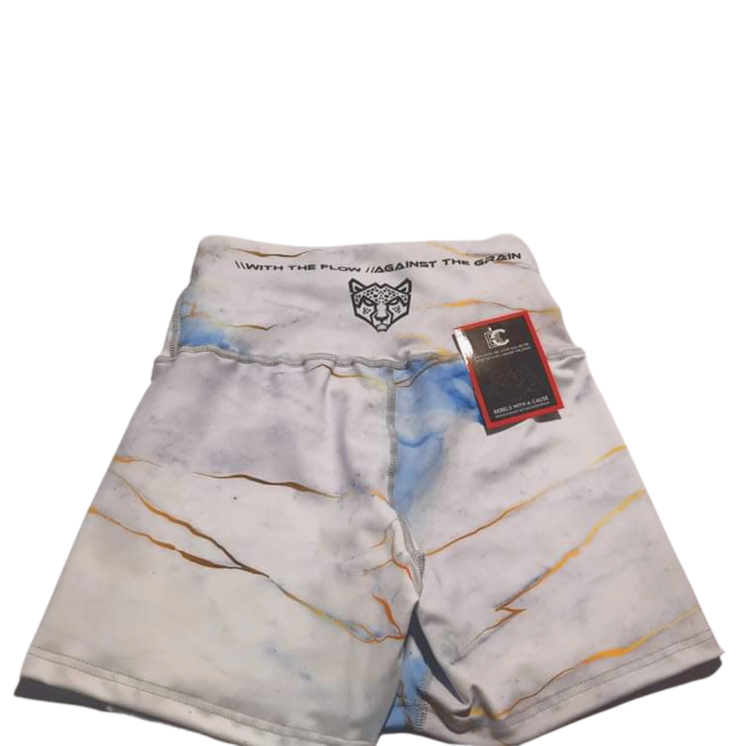 BJJ Couture Women's Compression Grappling Shorts - White Carrara Marble with Gold Veining and Indigo Ink Spills