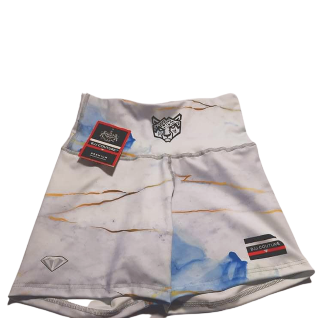 BJJ Couture Women's Compression Grappling Shorts - White Carrara Marble with Gold Veining and Indigo Ink Spills