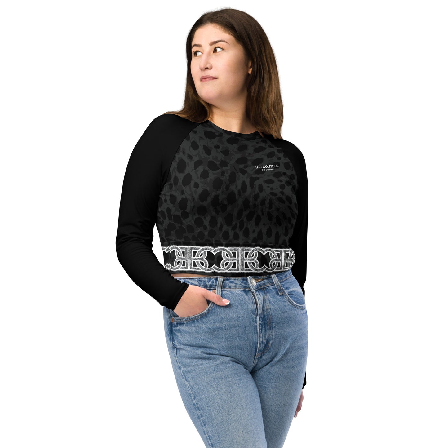 BJJ Couture Custom Black Leopard eco-friendly fitted long-sleeve crop top