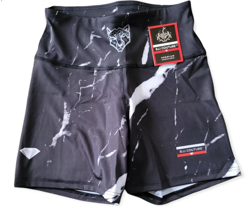 Women's Black Carrara Marble Compression Grappling Shorts