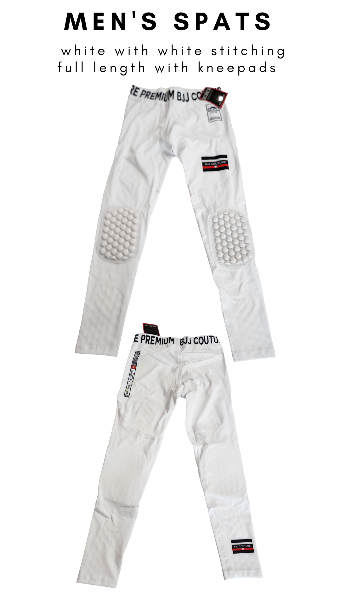 Men s White Compression Grappling Spats with Kneepads Long BJJ