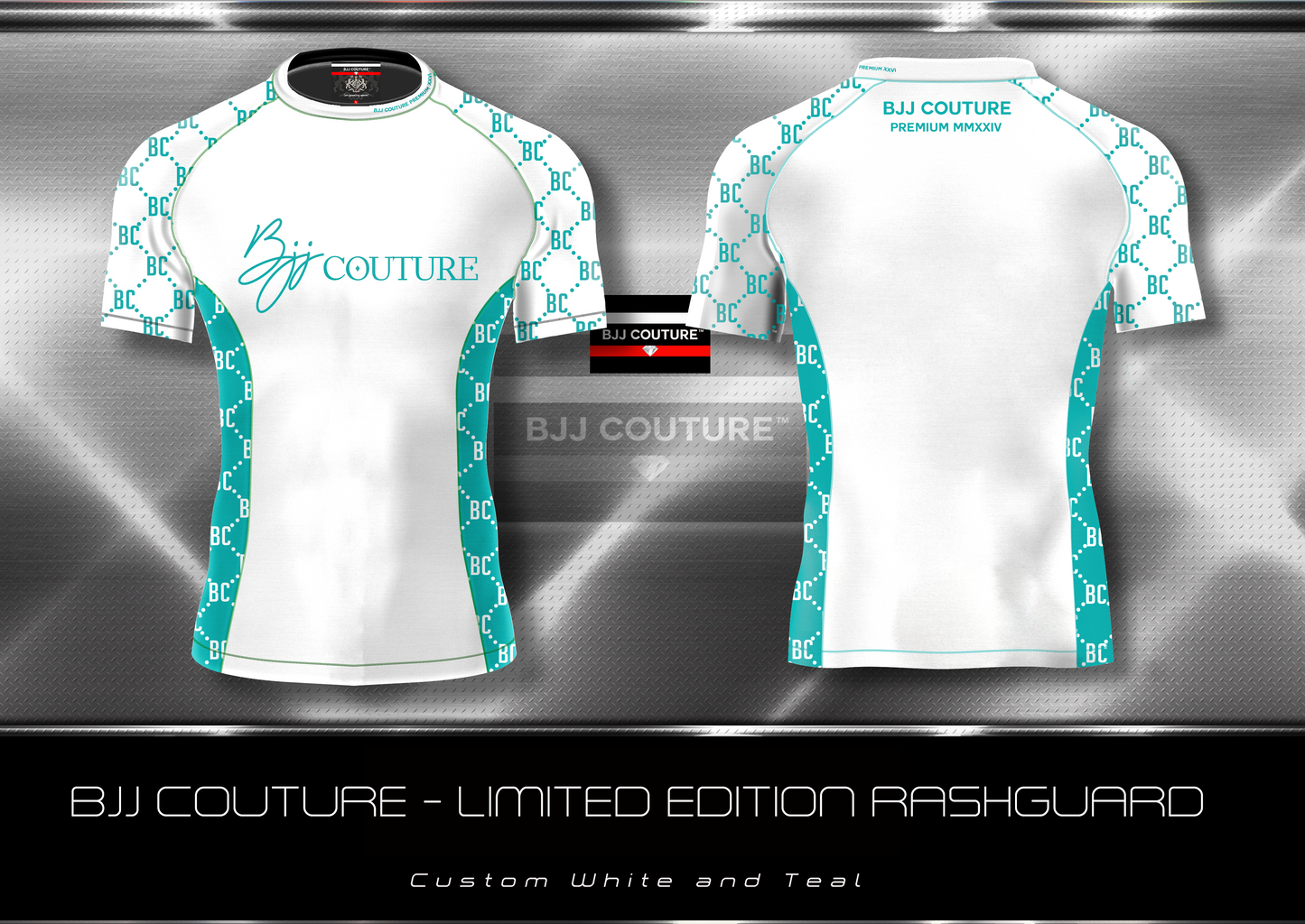 PRE-ORDER: BJJ Couture White and Teal Rashguard with Contrast Details