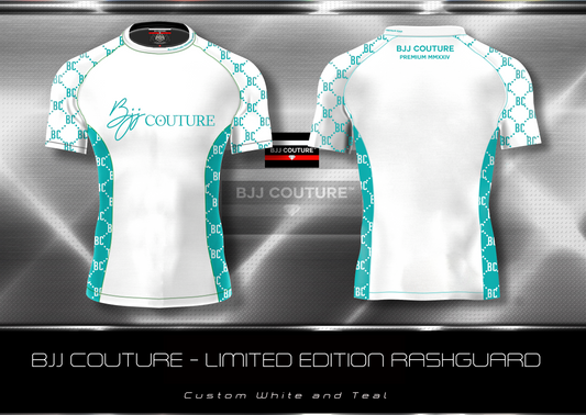 PRE-ORDER: BJJ Couture White and Teal Rashguard with Contrast Details