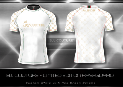 PRE-ORDER: BJJ Couture White and Gold Rashguard with Contrast Details