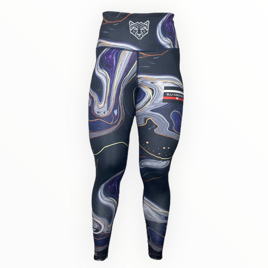 BJJ Couture Women's Compression Grappling Spats - Dark Blue and Purple Marble Indigo Inkscape with Gold Veining