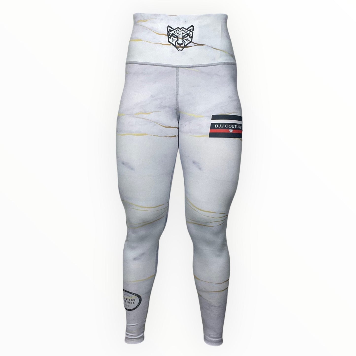 BJJ Couture Women's Compression Grappling Spats - White Carrara Marble with Gold Veining and Indigo Ink Spills