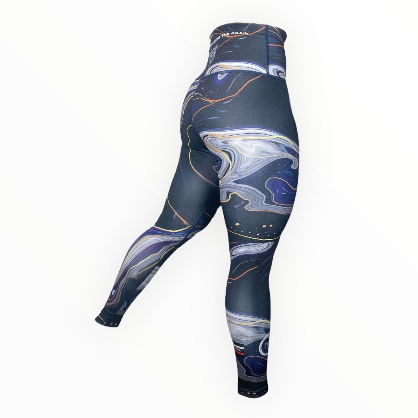BJJ Couture Women's Compression Grappling Spats - Dark Blue and Purple Marble Indigo Inkscape with Gold Veining