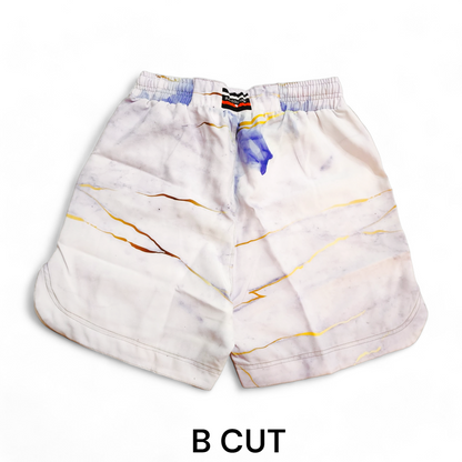 BJJ Couture White Marble Grappling Shorts with Blue and Gold veining