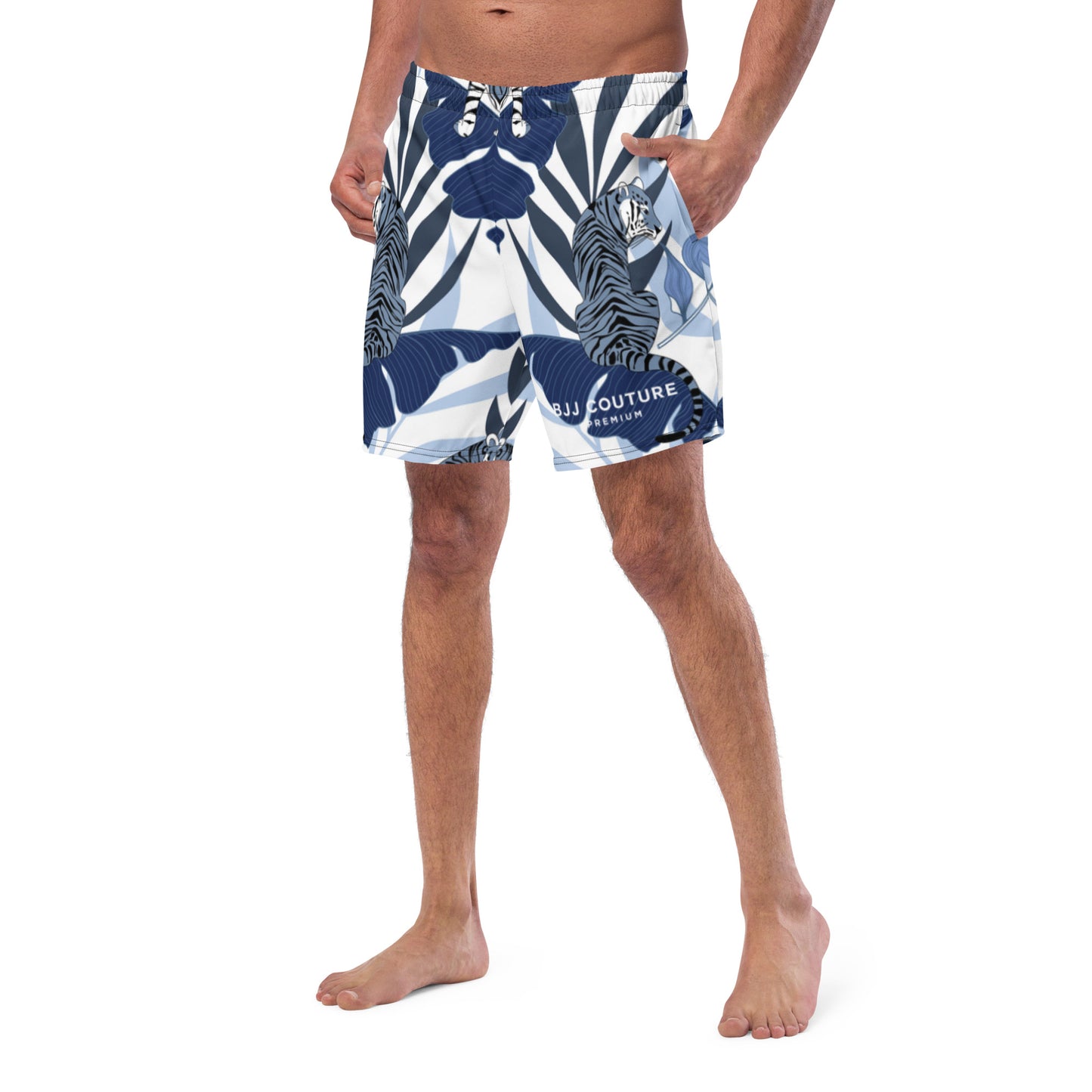 BJJ Couture Premium Aqua Tiger Jungle Print Men's swim trunks