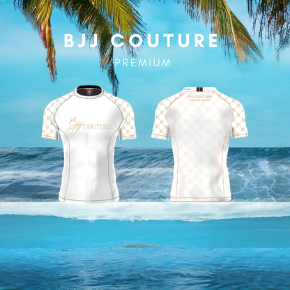 PRE-ORDER: BJJ Couture White and Gold Rashguard with Contrast Details