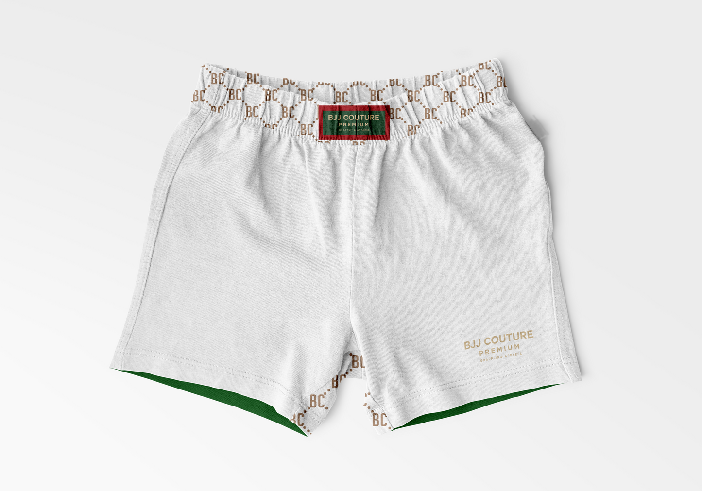 PRE-ORDER: BJJ Couture White Grappling Shorts with Gold & Contrast Details