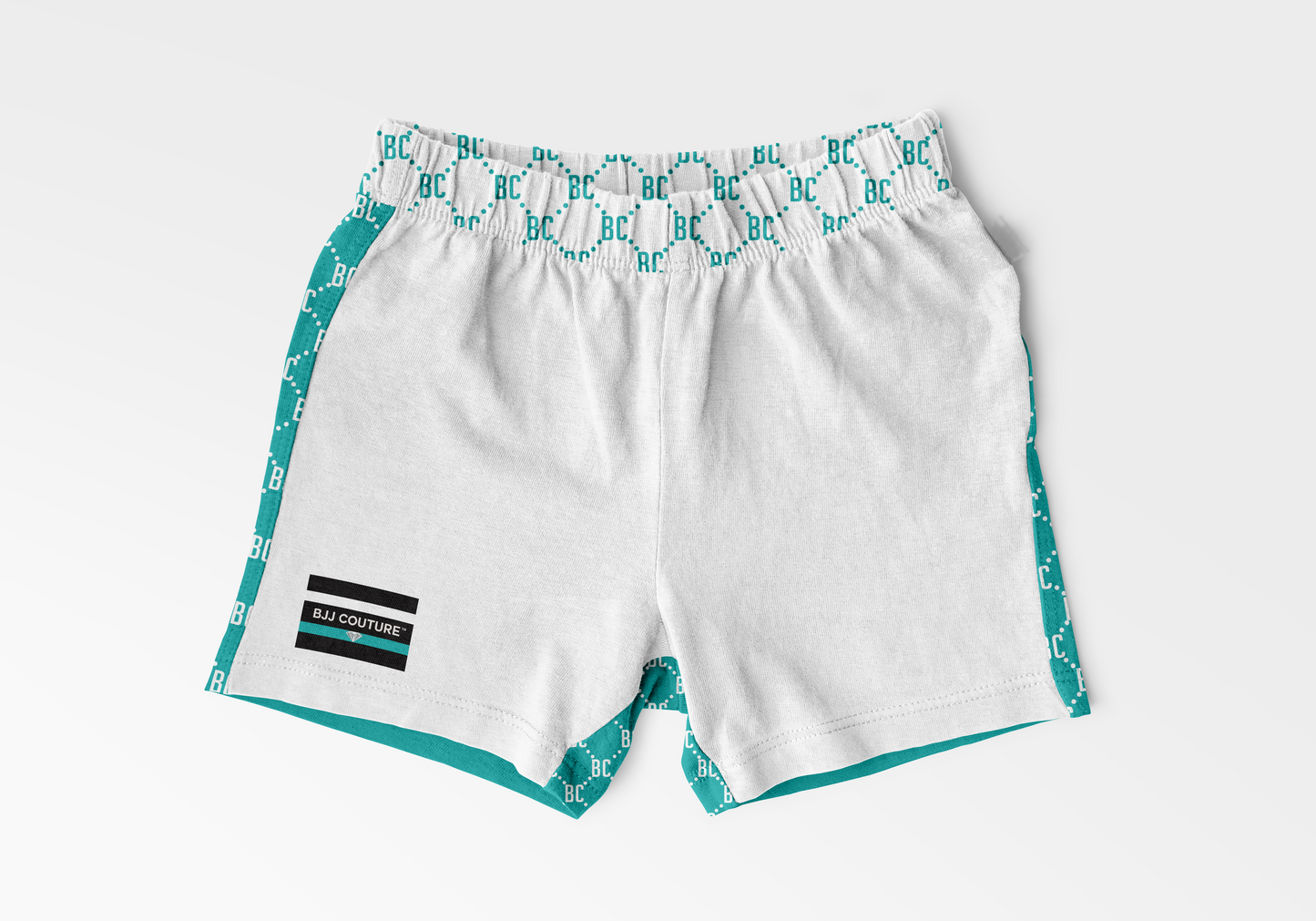 PRE-ORDER: BJJ Couture White  and Teal Grappling Shorts with Contrast Details