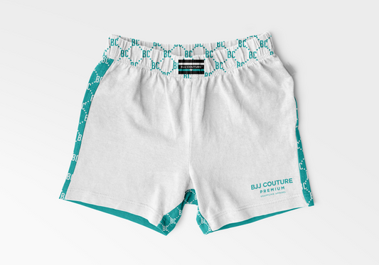 PRE-ORDER: BJJ Couture White  and Teal Grappling Shorts with Contrast Details