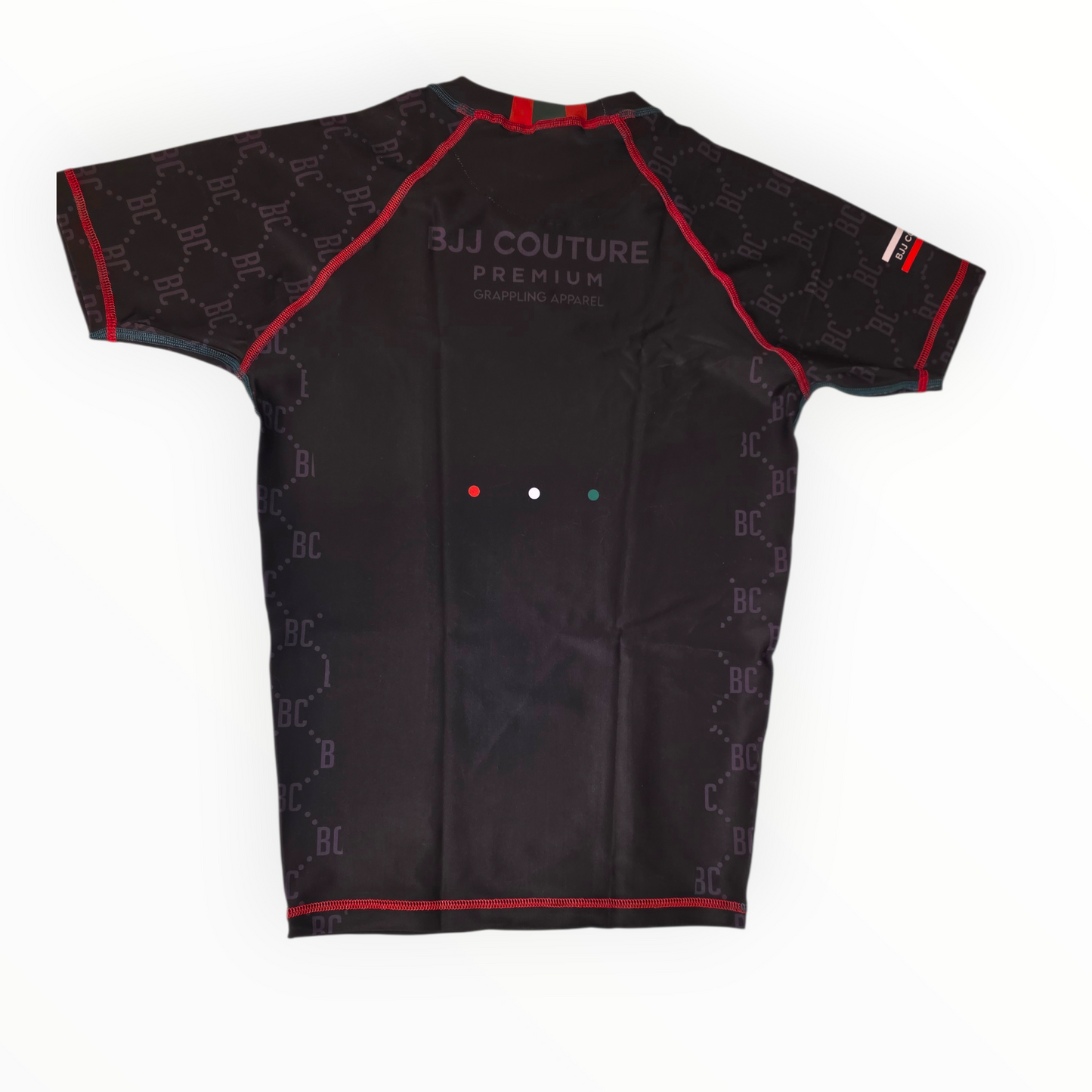 BJJ Couture Black Rashguard with Red White and Jade Contrast Details