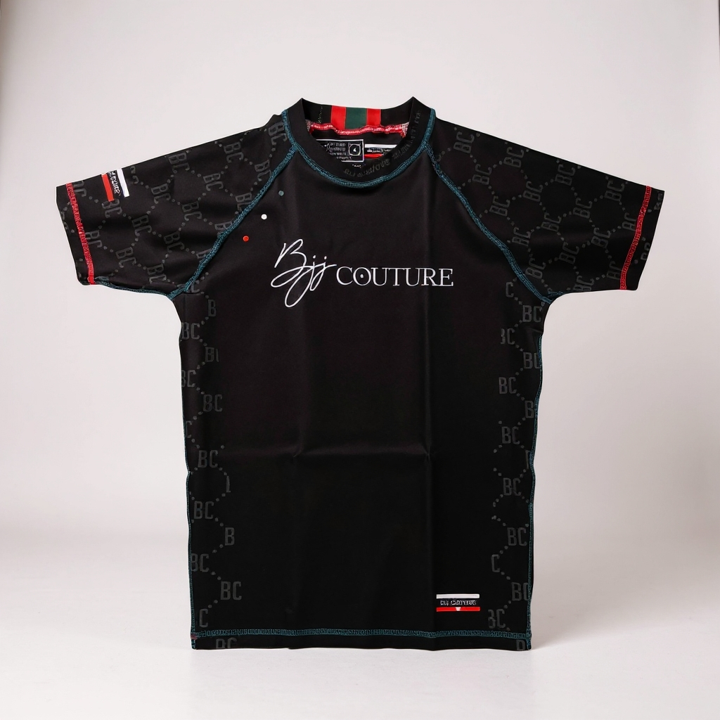 BJJ Couture Black Rashguard with Red White and Jade Contrast Details