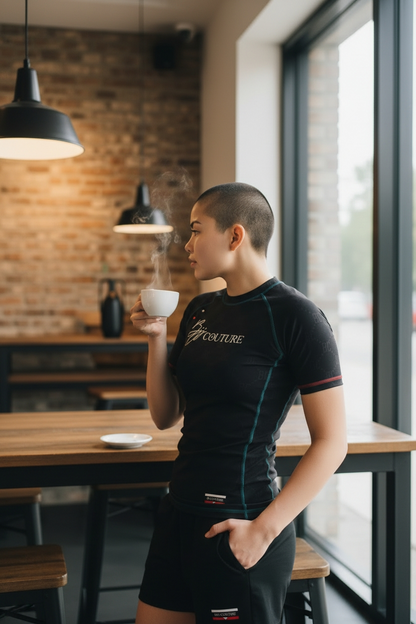 BJJ Couture Black Rashguard with Red White and Jade Contrast Details
