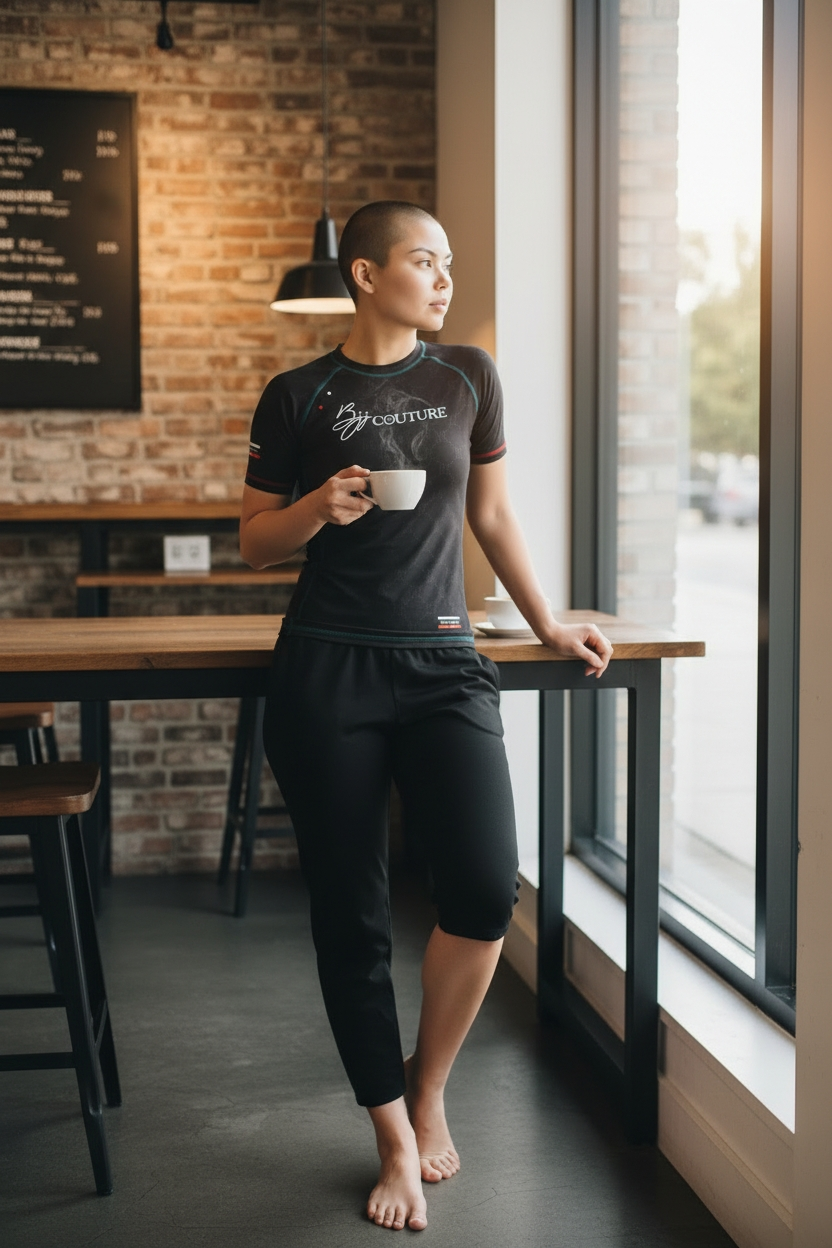 BJJ Couture Black Rashguard with Red White and Jade Contrast Details