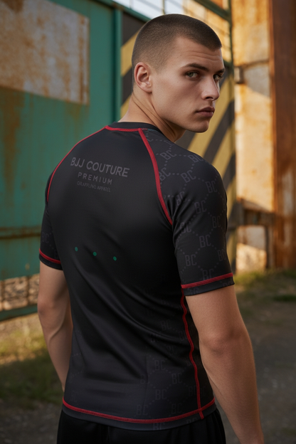 BJJ Couture Black Rashguard with Red White and Jade Contrast Details