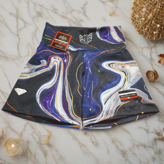 Women's Compression Grappling Shorts 3 inch inseam - Dark Blue and Purple Marble Indigo Inkscape with Gold Veining