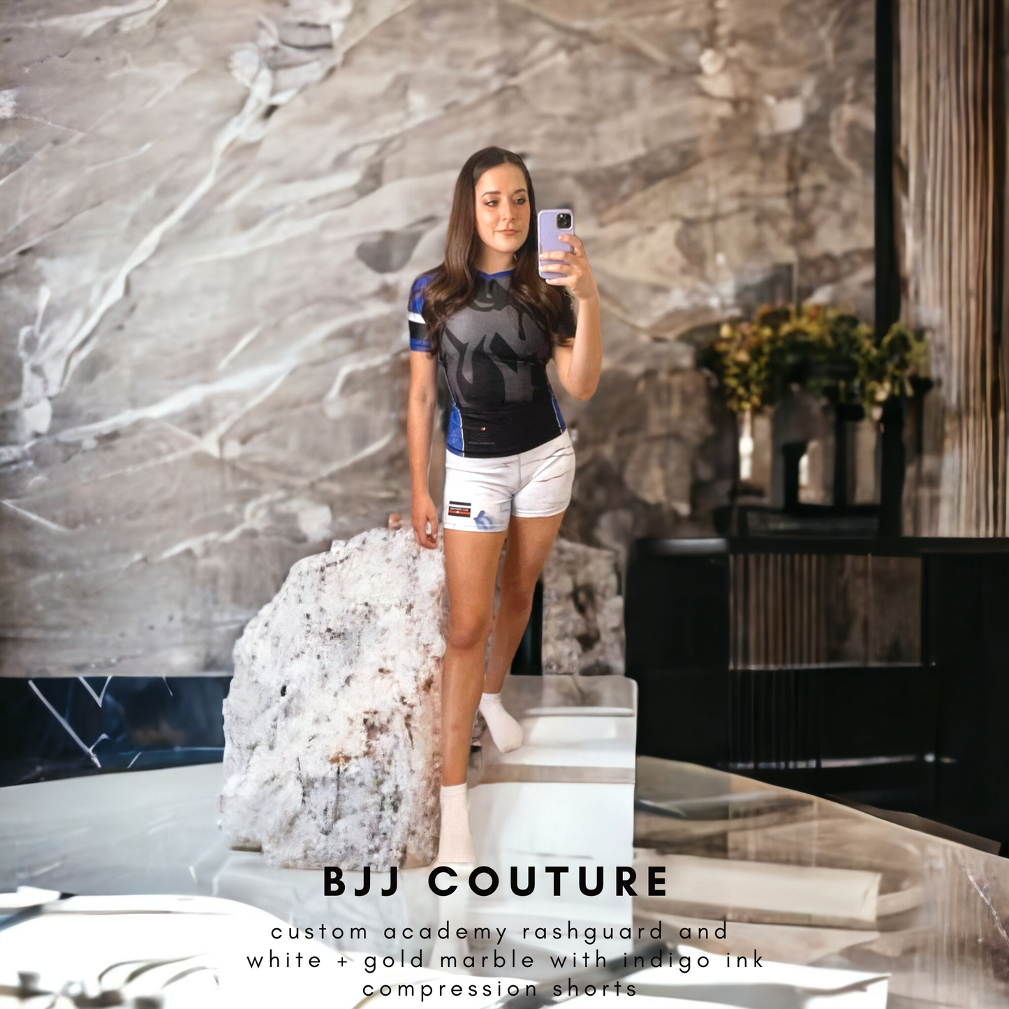 BJJ Couture Women's Compression Grappling Shorts - White Carrara Marble with Gold Veining and Indigo Ink Spills